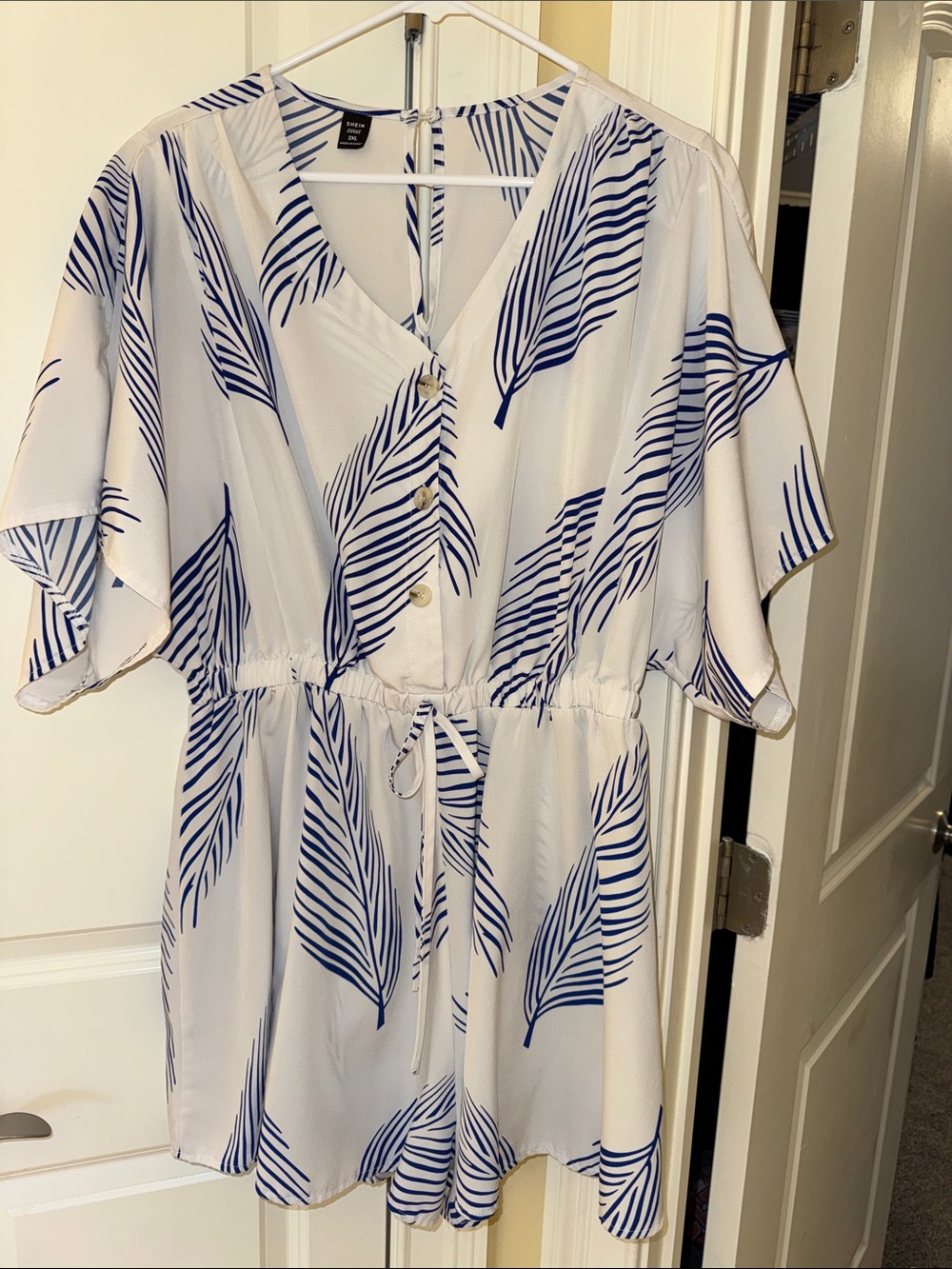SHEIN White Romper with Blue Leaf Print